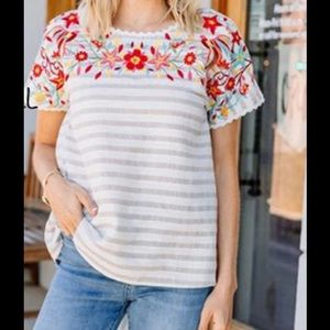 Floral Neck Short Sleeve Striped T-shirt